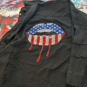 Fantastic Fawn Black shacket with American Flag Lips Design